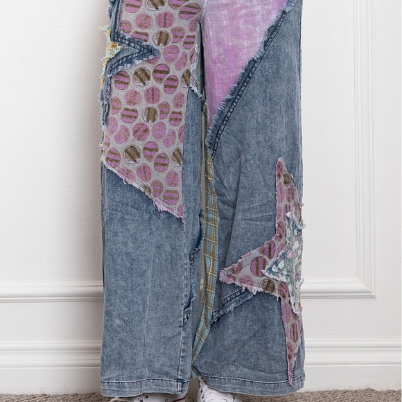 🌟SALE 054 BlueVelvet Star Patchwork Chambray Pants FIRM - Picture 5 of 11